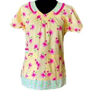 Mary Engelbreit Yellow and Pink Pleated Short Sleeve Uniform Scrub Top